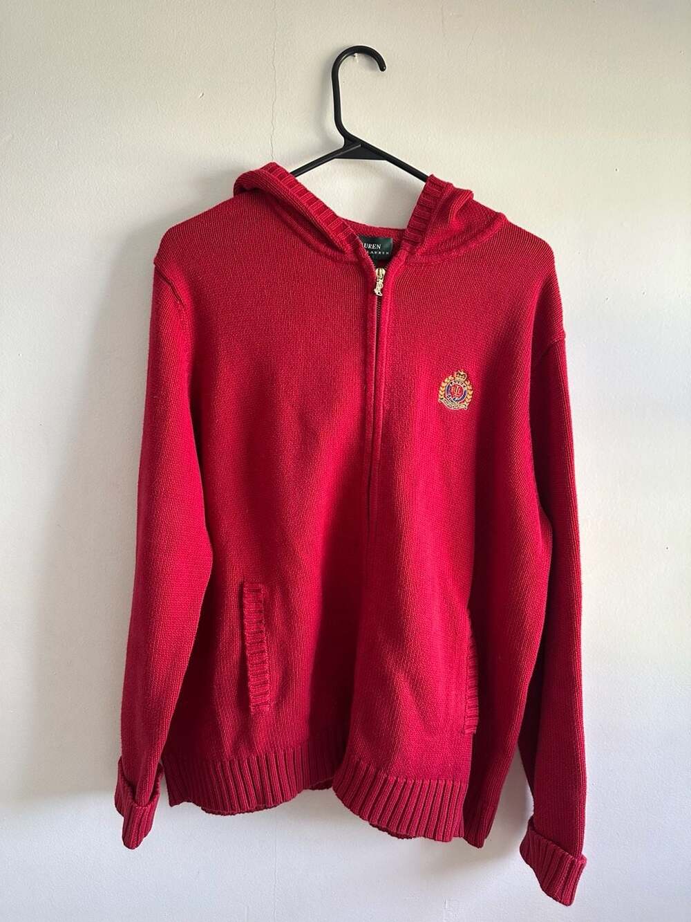 Lauren Ralph Lauren Red Cotton Full-Zip Crest Knit Hoodie Size XL